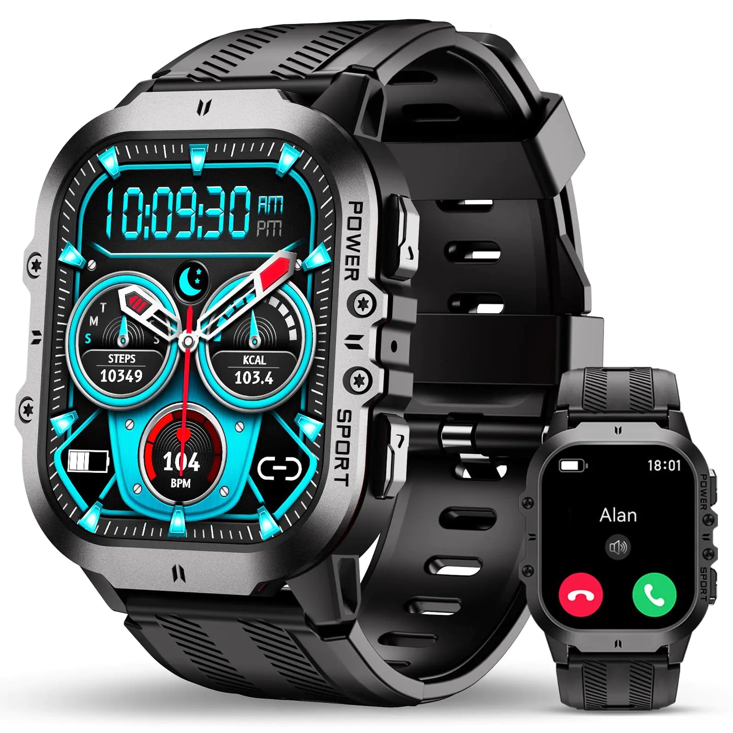 OUKITEL BT20 Military Smart Watch for MenFitness Tracker Smart Watches for Android/PhonesBluetooth Call/Voice Assistant Waterproof Rugged 1.96 Inch Touchscreen100+ Sports Modes24H Health Monitor