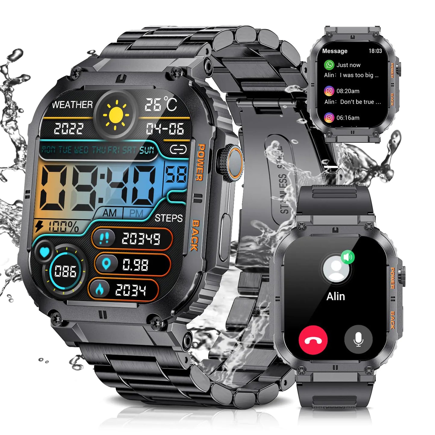 LIGE Military Smart Watches for Men(Answer/Dial Calls) 1.96 HD Fitness Watch with Heart Rate/Blood Oxygen Monitor AI Voice IP67 Waterproof 400mAh Battery Rugged Outdoor Smartwatch for Android iOS