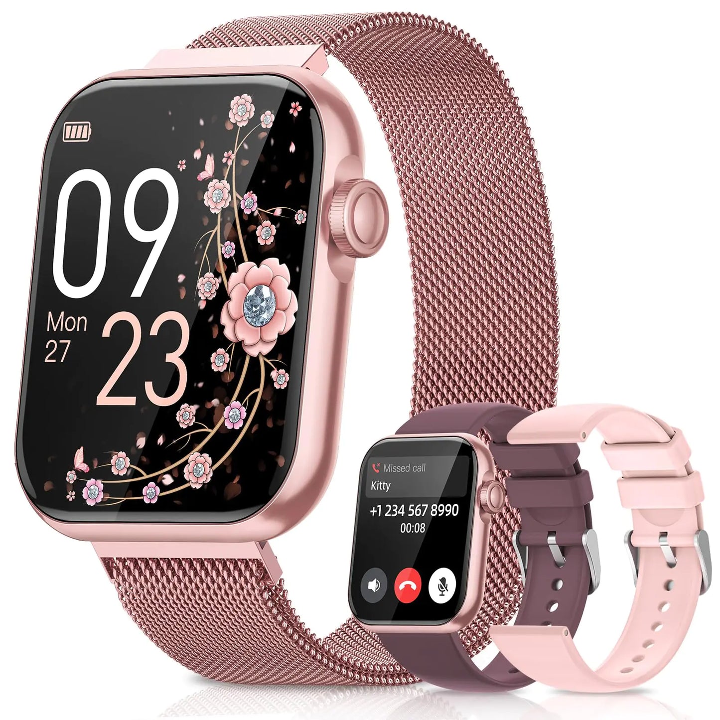 Smart Watches for WomenFitness Tracker Smartwatch for Android Phones/iPhone Compatible1.85" Womens Watch with Blood Pressure MonitorCalls and Messages/Heart Rate/Sleep/Female Cycle(3 Watch Bands)