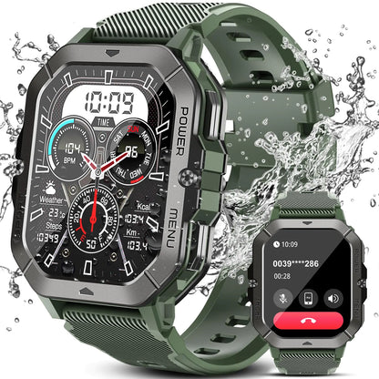 Bambooinn Military Smart Watch for Men (Answer/Make Calls) 2.02" HD Fitness Smart Watch for Android and iOS 5ATM Waterproof Smartwatch with SpO2/Heart Rate/Sleep/100+ Sport ModesGreen