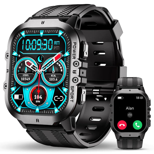 OUKITEL BT20 Military Smart Watch for MenFitness Tracker Smart Watches for Android/PhonesBluetooth Call/Voice Assistant Waterproof Rugged 1.96 Inch Touchscreen100+ Sports Modes24H Health Monitor